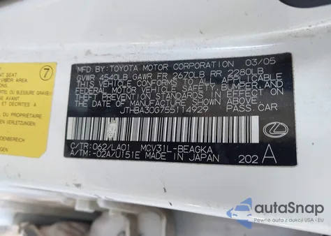 2005 Lexus Es 330 z USA, uszkodzony, nr VIN JTHBA30G755114929